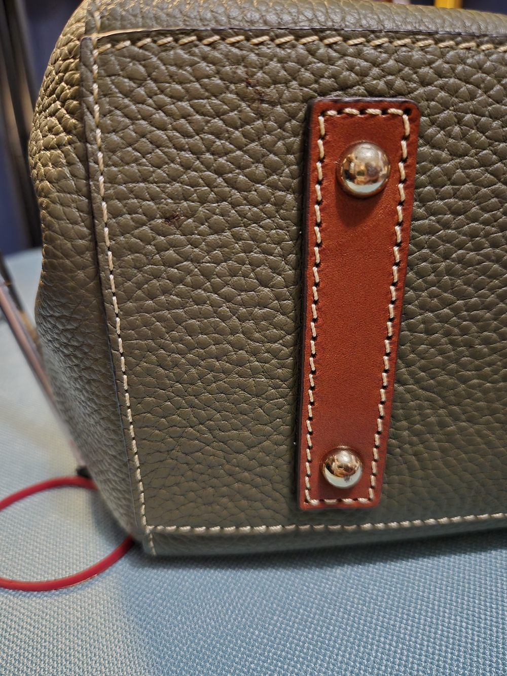Like New Dooney & Bourke Olive Green Pebbled Leather Satchel with Brown Handles - Picture 12 of 16